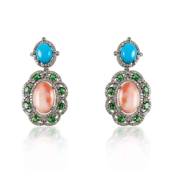 Pink Coral, Turquoise & Tsavorite Earrings - Adriana Fine Jewelry