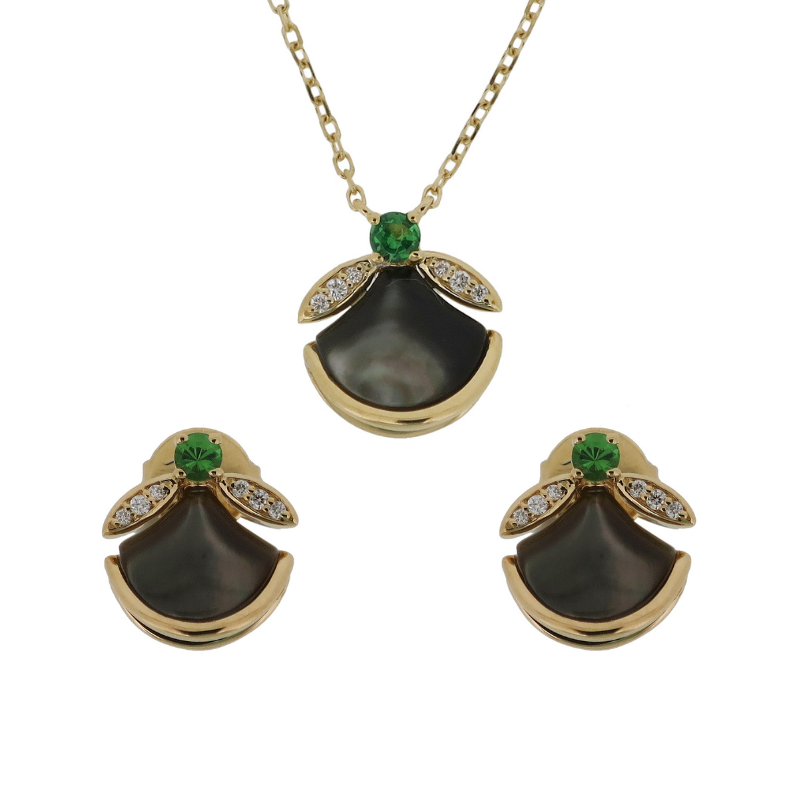 Set of 18K Yellow Gold with Gray Mother of Pearl and Tsavorite Necklace &amp; Earrings.