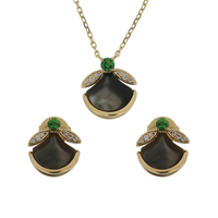 Set of 18K Yellow Gold with Gray Mother of Pearl and Tsavorite Necklace &amp; Earrings.