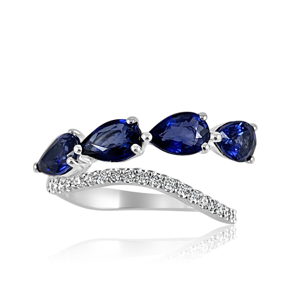 14K White Gold Wave Blue Sapphire & Diamond Rings  14K White Gold weight: 2.91 grams 4 Sapphire: 2.04 ct  28 Diamond: 0.18 ct