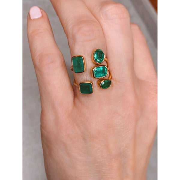 14K Yellow Gold Bezel with Emerald Open Geometrics & Diamond Ring