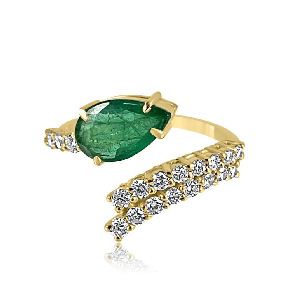 14K Yellow Gold Emerald Teardrop & Diamonds Ring  Diamonds: 0.59ct Emeralds: 1.230 ct 14K Yellow Gold weight: 2.58 grams