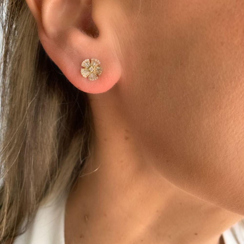 14K Yellow Gold Flower Studs with Baguette Diamond Earrings.