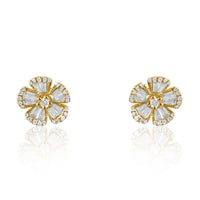 Flower Studs with Baguette Diamond Earrings.  14K Yellow Gold: 1.50 grams 52 Diamonds: 0.14 ct 20 Baguette Diamonds: 0.23 ct