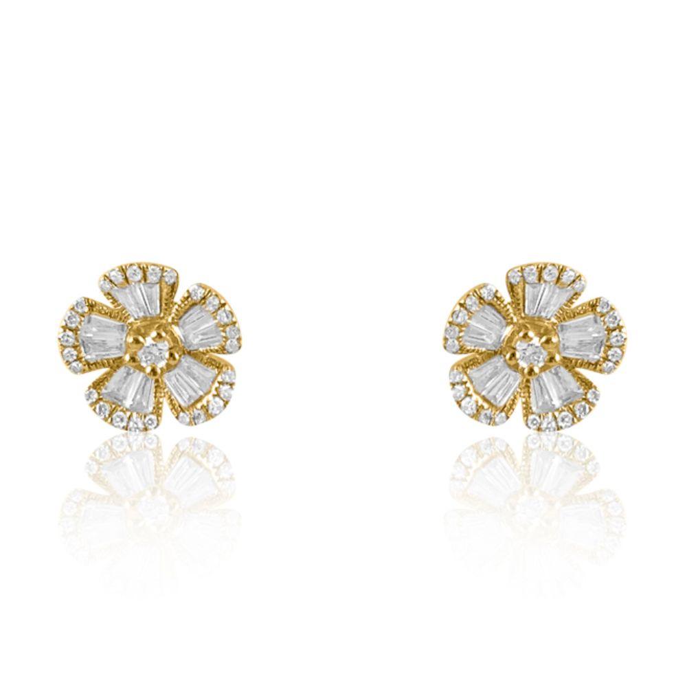 Flower Studs with Baguette Diamond Earrings.  14K Yellow Gold: 1.50 grams 52 Diamonds: 0.14 ct 20 Baguette Diamonds: 0.23 ct