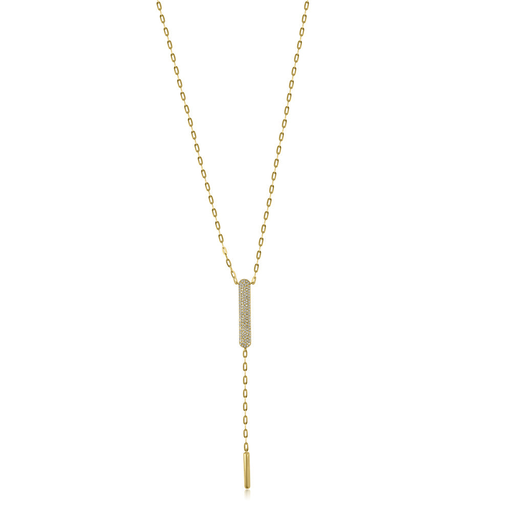Modern Lariat necklace for everyday glamour.  14K Yellow Gold weight: 3.66 grams 124 Diamond: 0.61 ct Chain