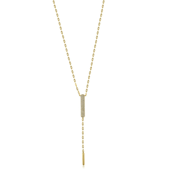 Modern Lariat necklace for everyday glamour.  14K Yellow Gold weight: 3.66 grams 124 Diamond: 0.61 ct Chain