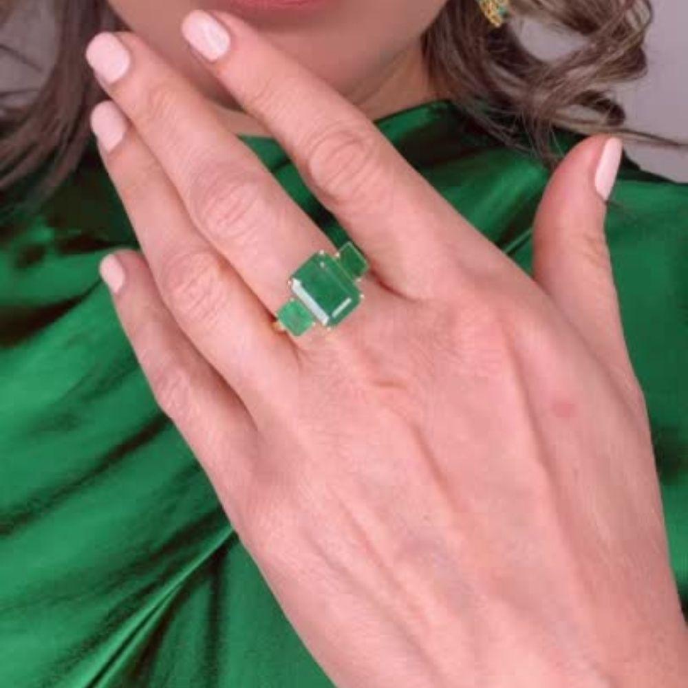 14K Yellow Gold Three Stone Square Emerald Ring