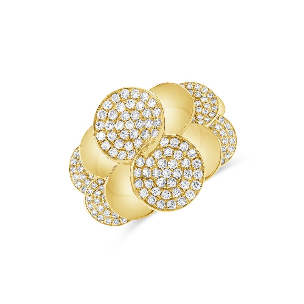 14K Yellow Gold Circles with Diamond Ring. Elegant and Modern for speacial days.  14K Yellow Gold total weight: 11.94 grams 172 Diamonds: 1.12 ct