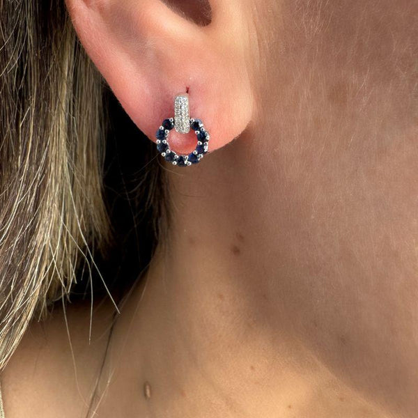 14K White Gold Diamond & Sapphire Circle Stud Earrings
