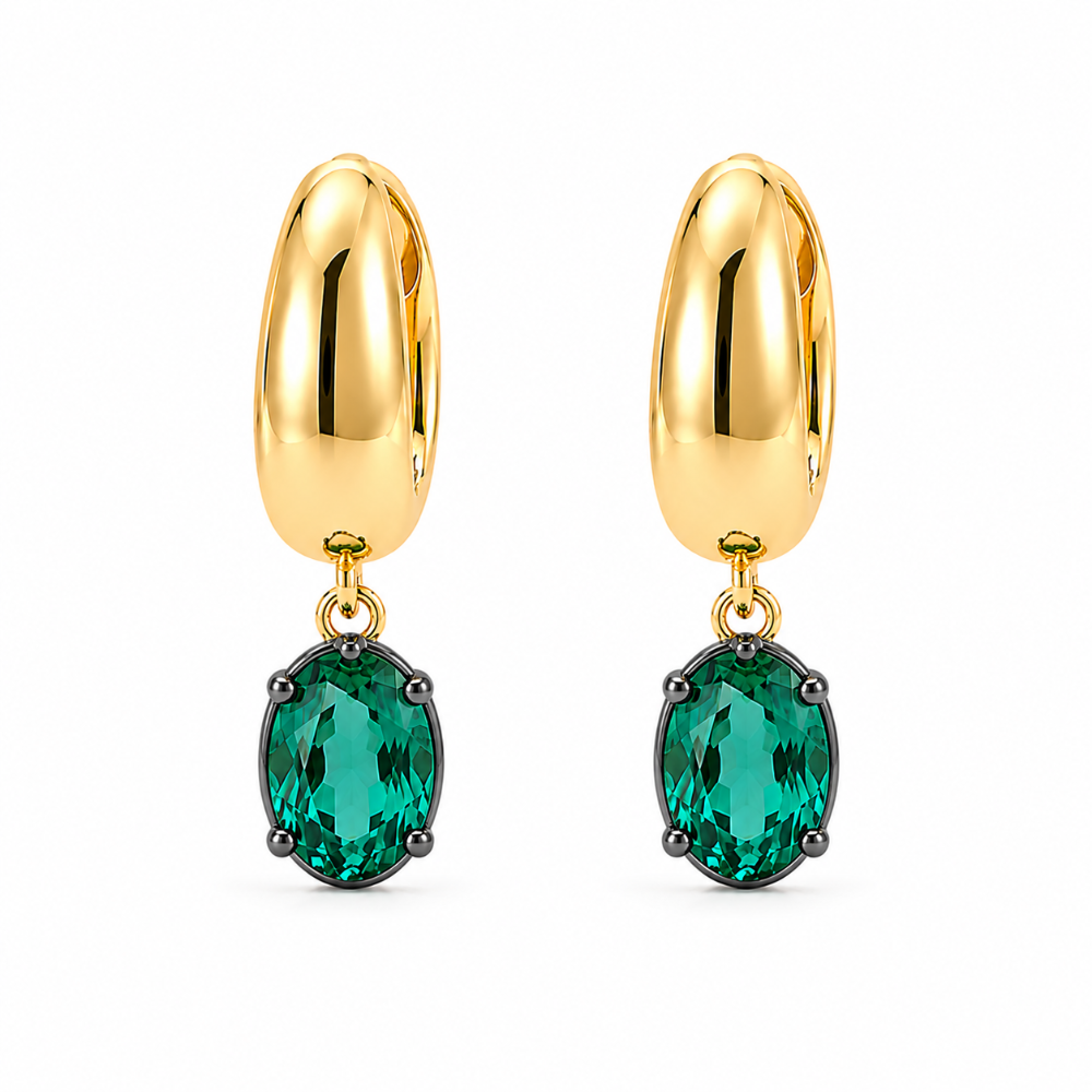 Gold hoop earrings with emeralds on yellow gold, georgian style