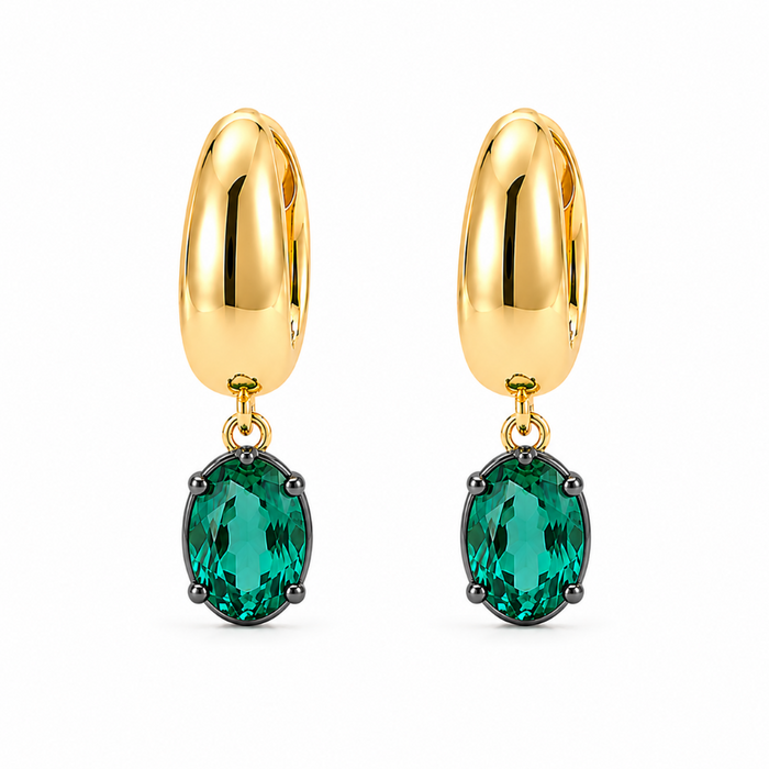 Gold hoop earrings with emeralds on yellow gold, georgian style