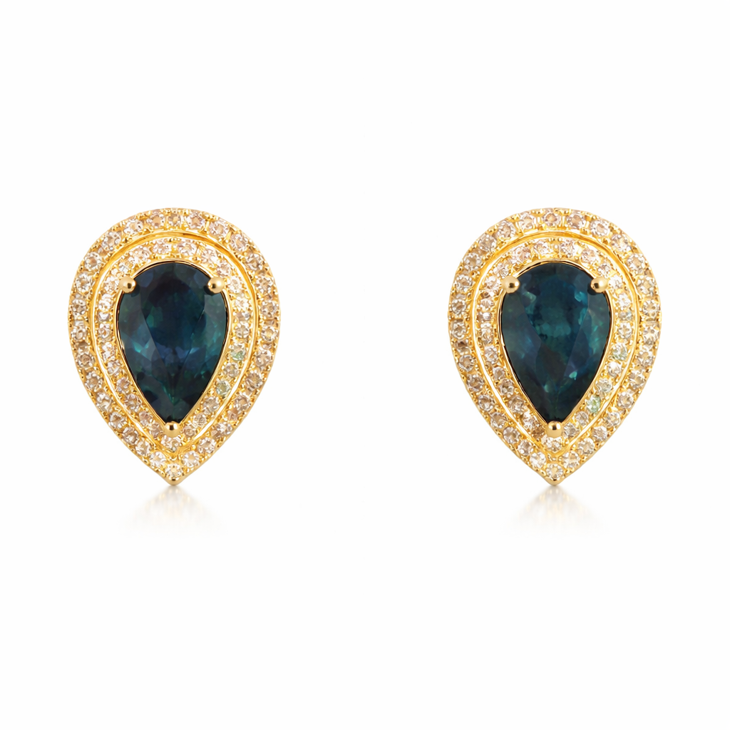 Sapphire & Diamond Pear Stud on 14K Yellow Gold Earrings