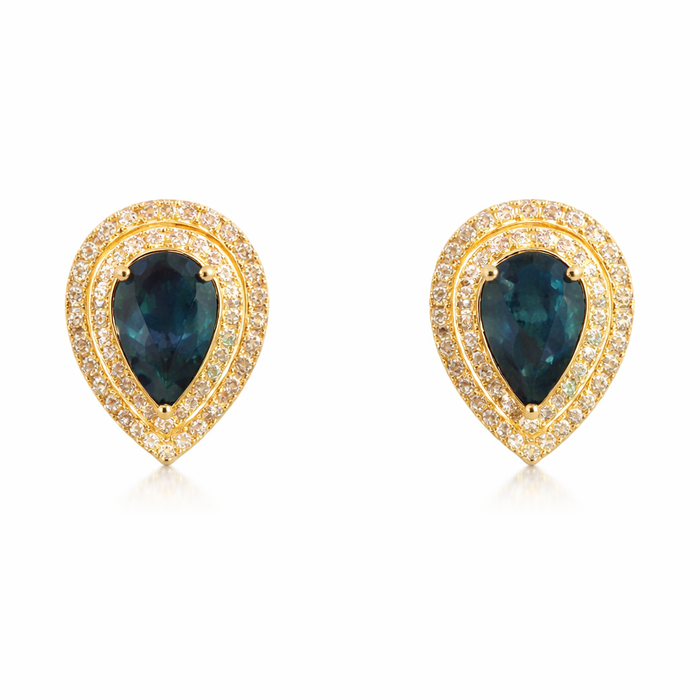 Sapphire & Diamond Pear Stud on 14K Yellow Gold Earrings