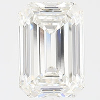 An emerald-cut diamond with brilliant faceting, shown in a clear, colorless glass-like form against a light gray background.