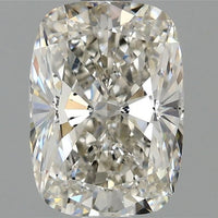 A cushion-cut brilliant diamond with brilliant faceting, shown in sharp detail against a solid gray background.