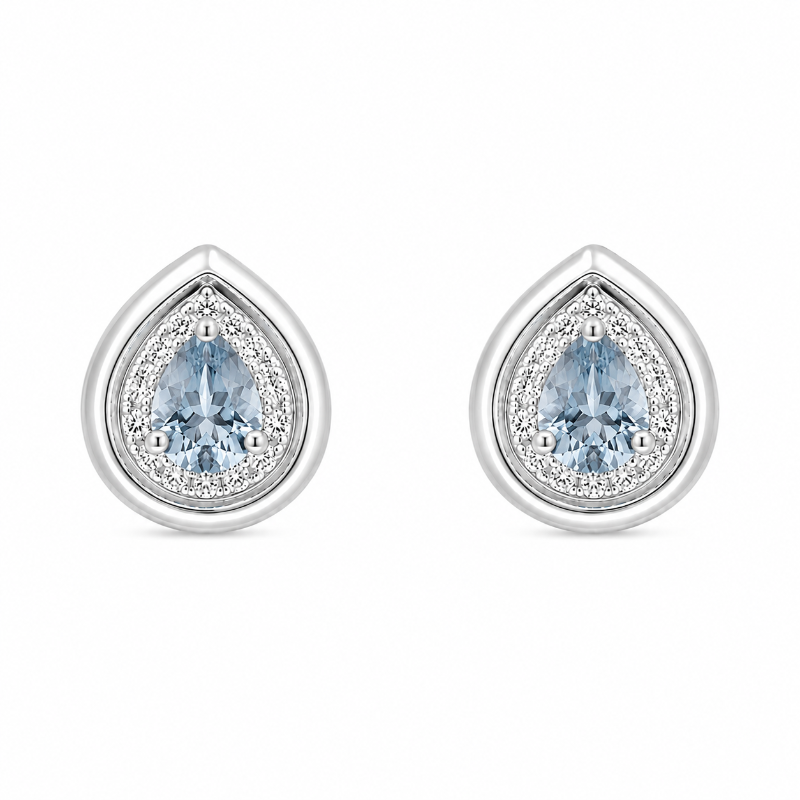 Set of 18K White Gold Drop Aquamarine with Diamonds Pendant & Earrings