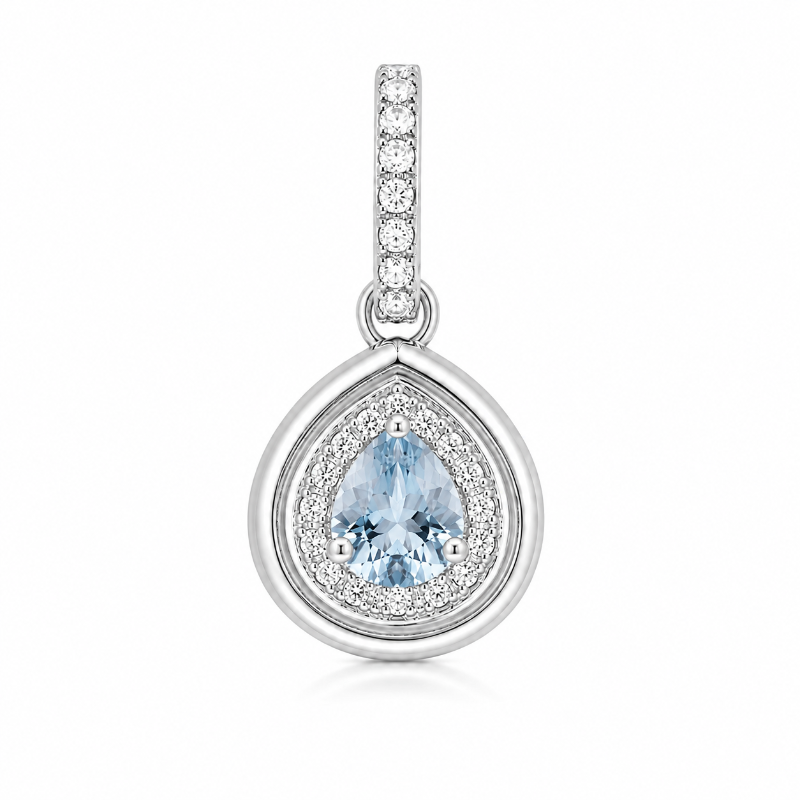 Set of 18K White Gold Drop Aquamarine with Diamonds Pendant & Earrings