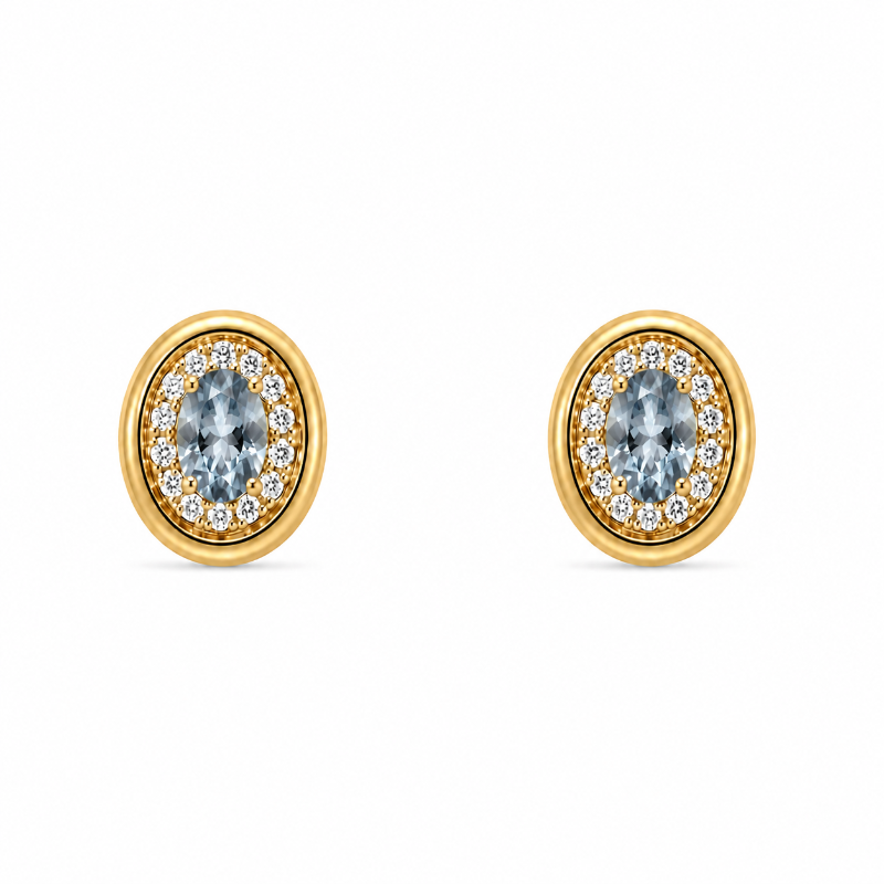 Set of 18K Yellow Gold Oval Aquamarine with Diamonds Pendant & Earrings
