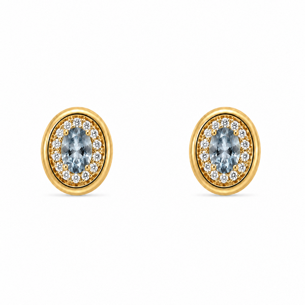 Set of 18K Yellow Gold Oval Aquamarine with Diamonds Pendant & Earrings