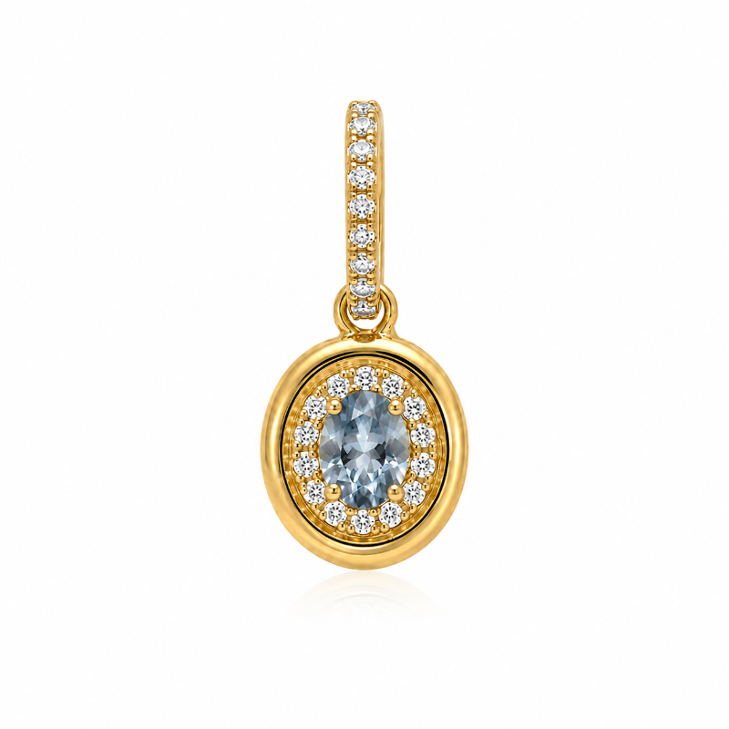Set of 18K Yellow Gold Oval Aquamarine with Diamonds Pendant & Earrings