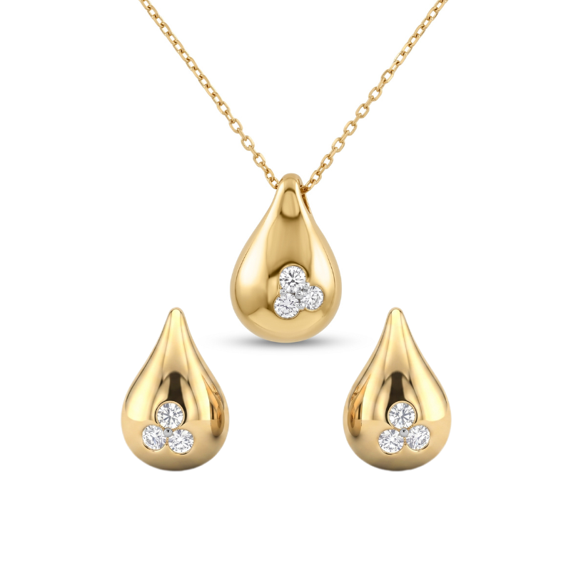 Gold teardrop-shaped jewelry set with embedded diamonds