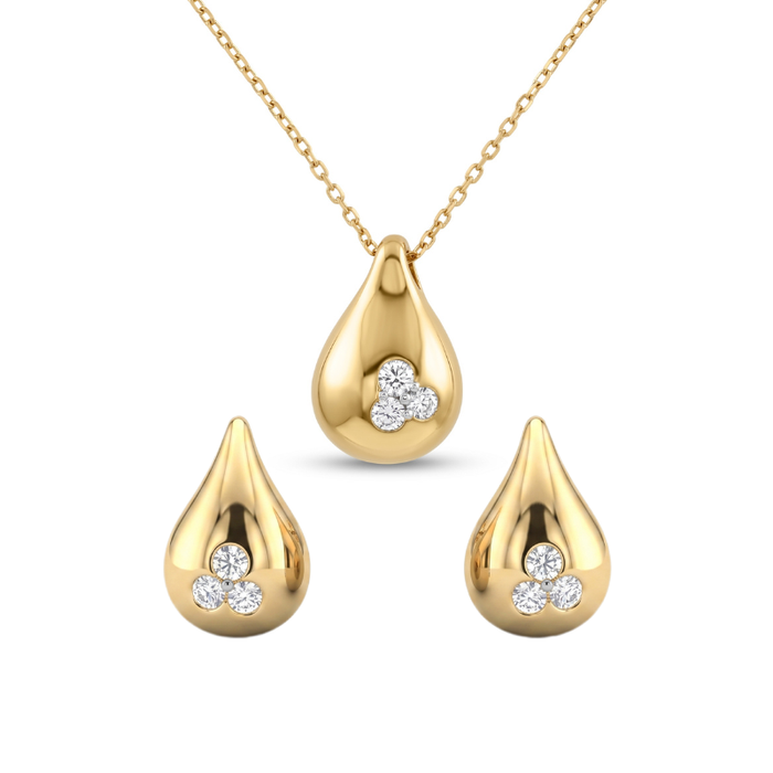 Gold teardrop-shaped jewelry set with embedded diamonds