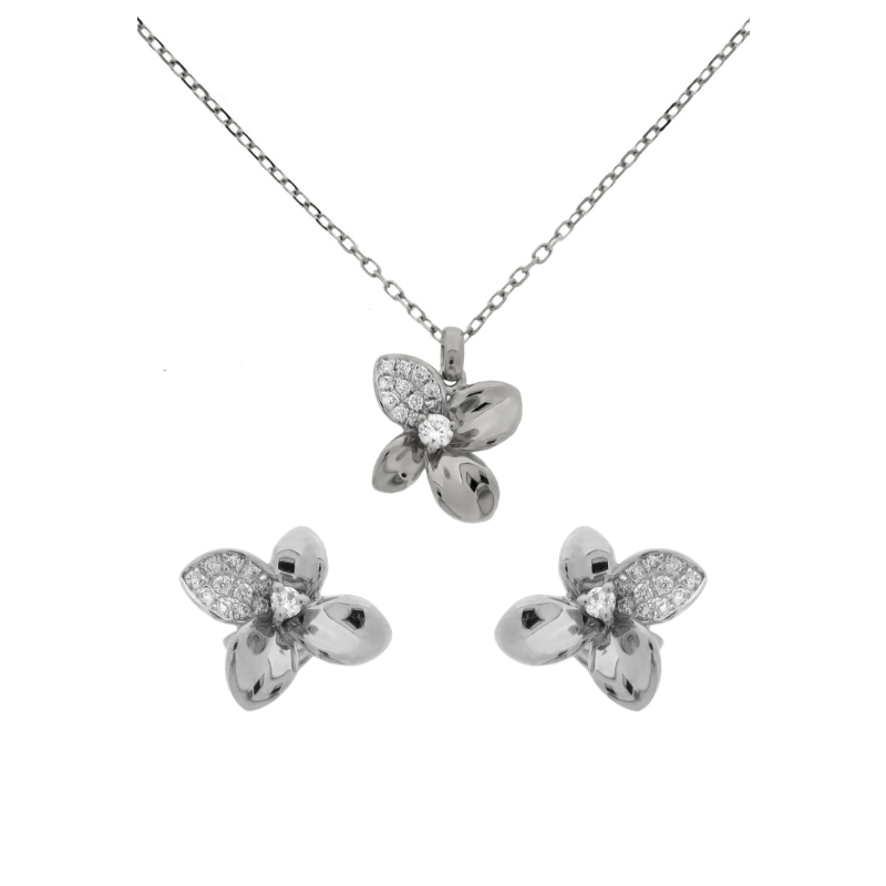 Silver flower-shaped jewelry set with necklace and earrings