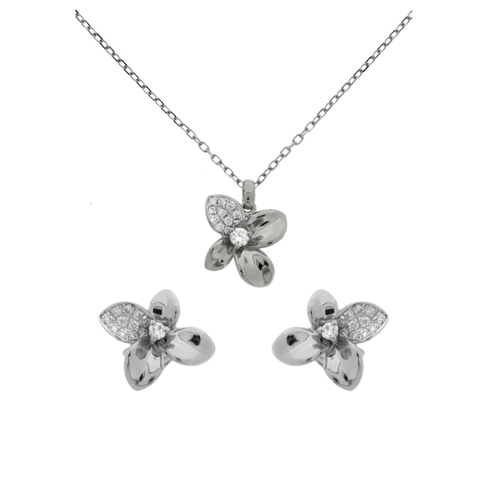 Silver flower-shaped jewelry set with necklace and earrings