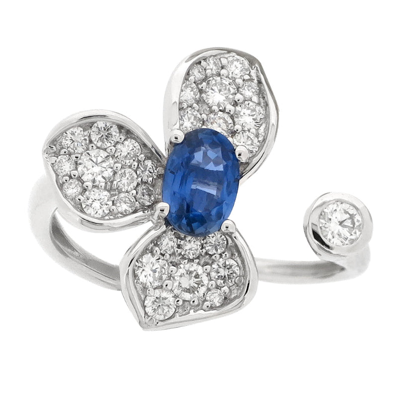 18K White Gold Flower with Diamonds and Blue Sapphire Rings
