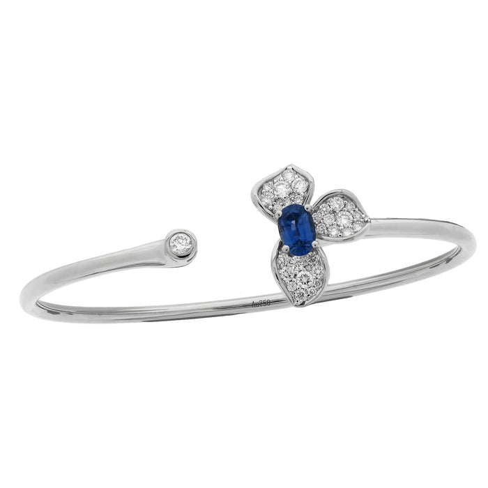 18K White Gold Flower with Diamonds and Blue Sapphire Bangle Bracelet