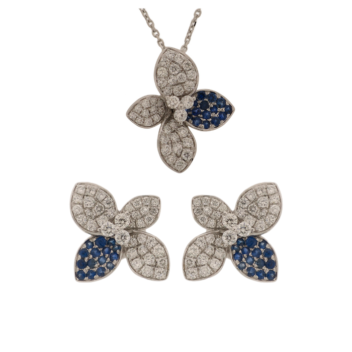 Set of 18K White Gold Blue Sapphire and Diamonds Necklace & Earrings.