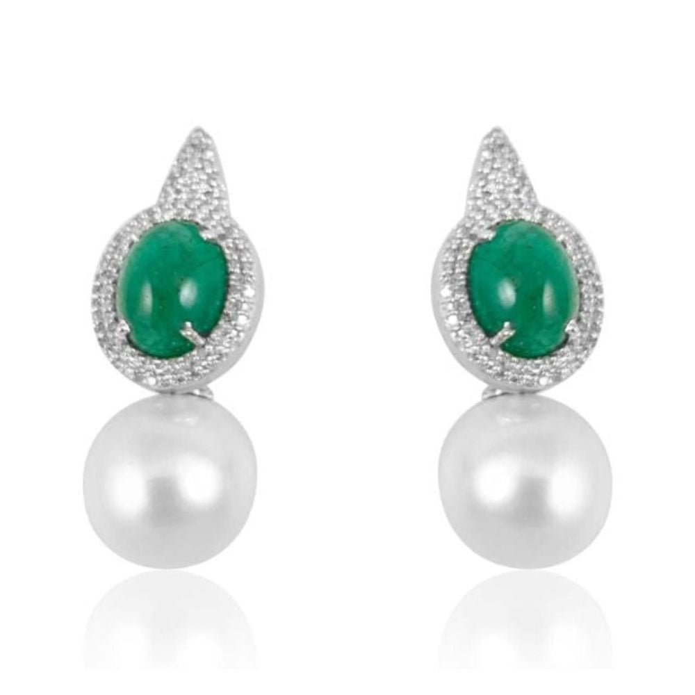 Pearl with Emerald Cabochon & Diamond Earrings
