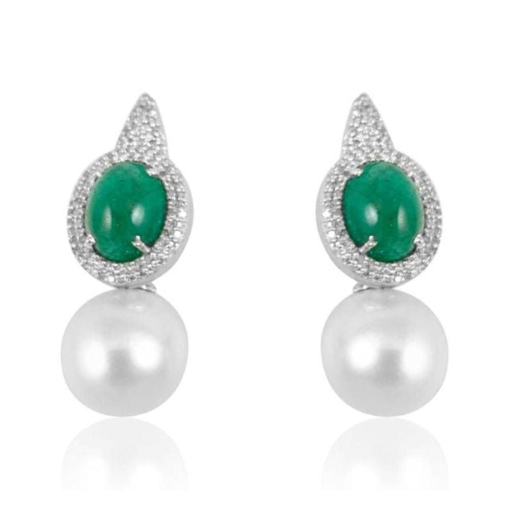 Pearl with Emerald Cabochon & Diamond Earrings