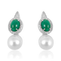 Pearl with Emerald Cabochon & Diamond Earrings