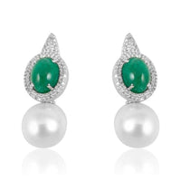 Pearl with Emerald Cabochon & Diamond Earrings