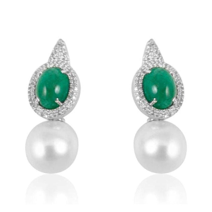 Pearl with Emerald Cabochon & Diamond Earrings
