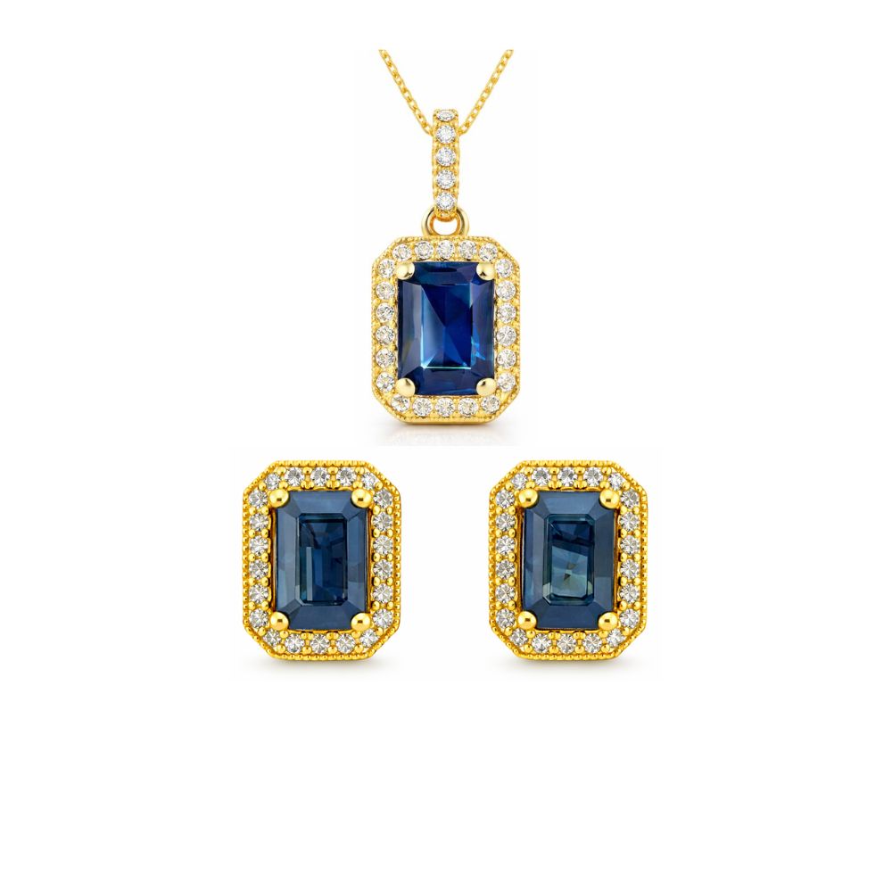 Conjunto de collar y aretes en oro amarillo con safiro y diamantes