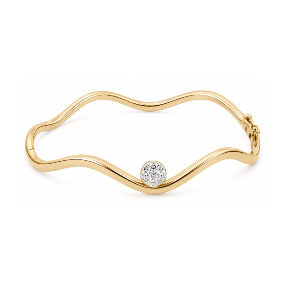 14K Yellow Gold with Diamond Wavy Bangle Bracelets