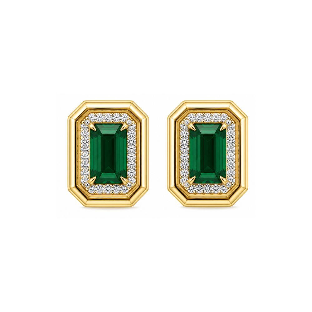 Rectangular Emerald Stud on 14K Yellow Gold Diamonds Earrings