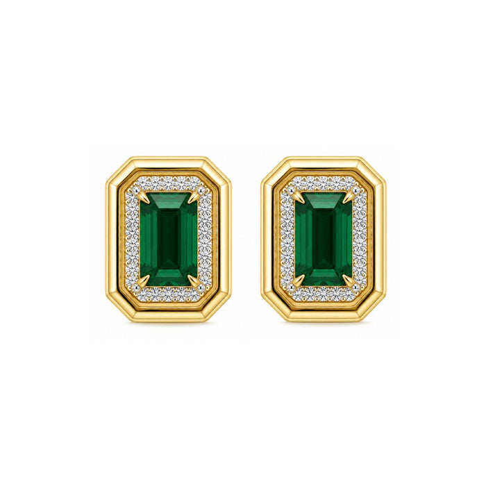 Rectangular Emerald Stud on 14K Yellow Gold Diamonds Earrings
