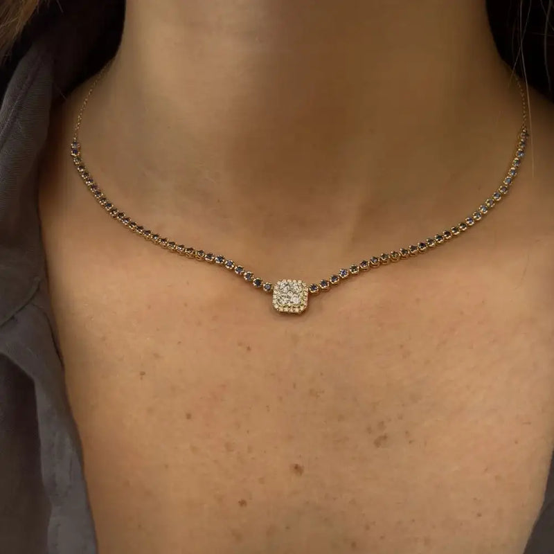 Blue Sapphire & Diamond Squared Necklace