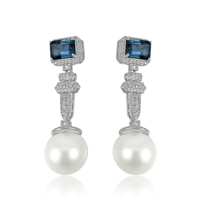 Long Blue Topaz & Pearl with Diamond Earrings