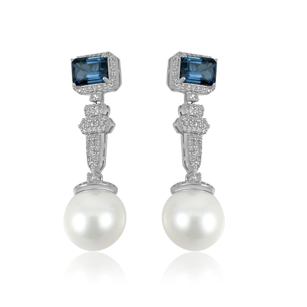 Pearl with Long Blue Topaz & Diamond Earrings