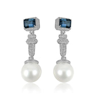 Pearl with Long Blue Topaz & Diamond Earrings