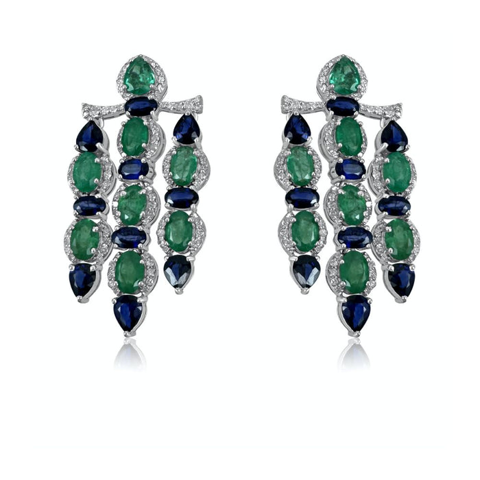 Blue Sapphire & Emerald with Diamond Chandelier Earrings