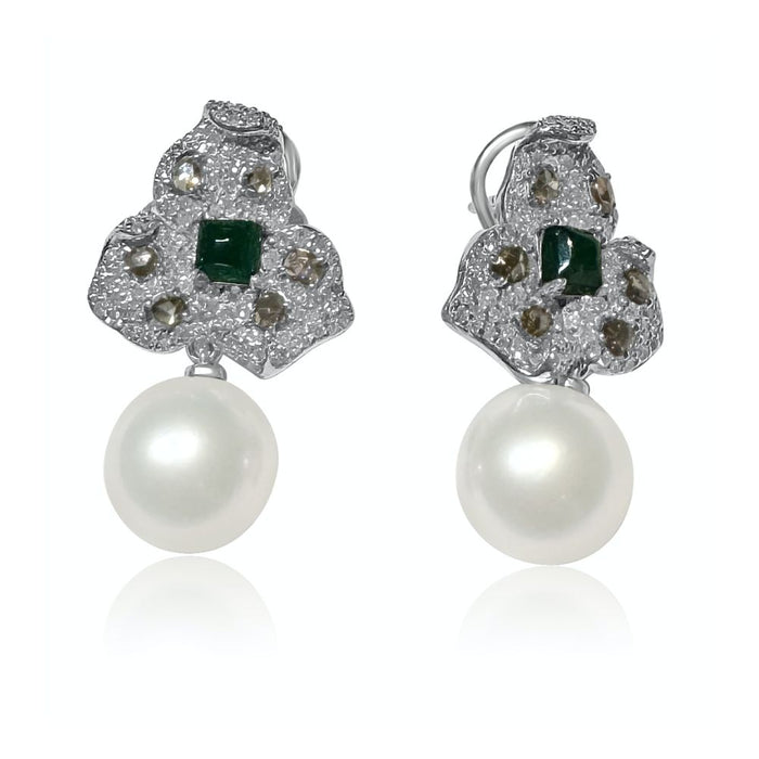 Flower Style Emerald & Diamond with Pearl Earrings