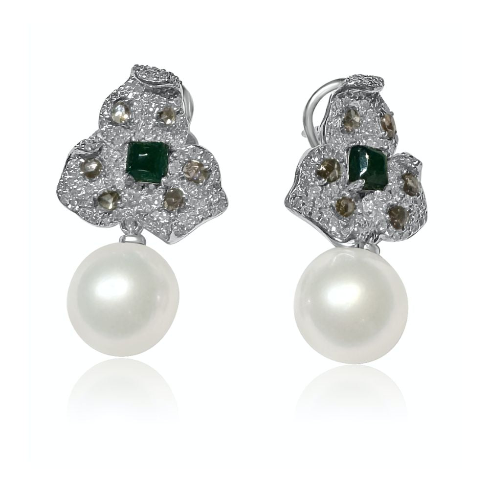 Pearl & Flower Style Emerald with Diamonds Earrings