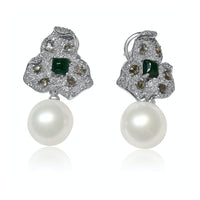 Pearl & Flower Style Emerald with Diamonds Earrings