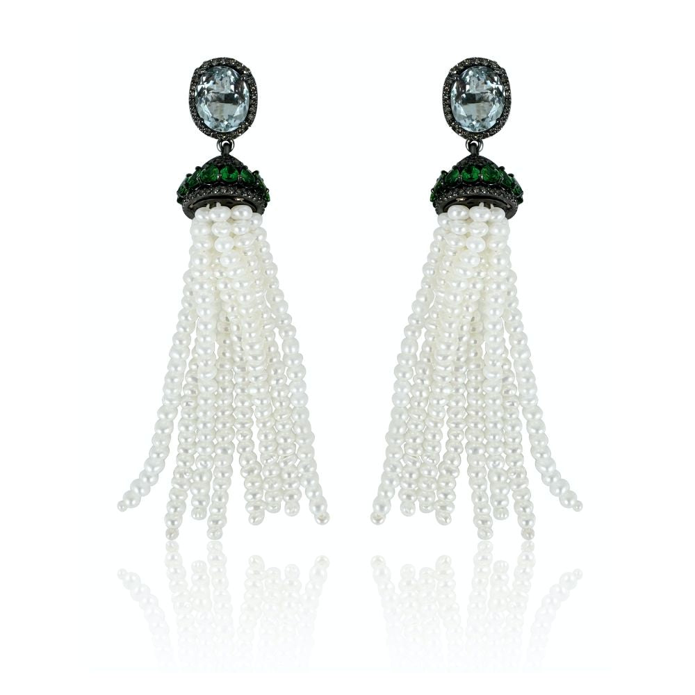 Pearl Tassel with Tsavorite & Aquamarine Earrings